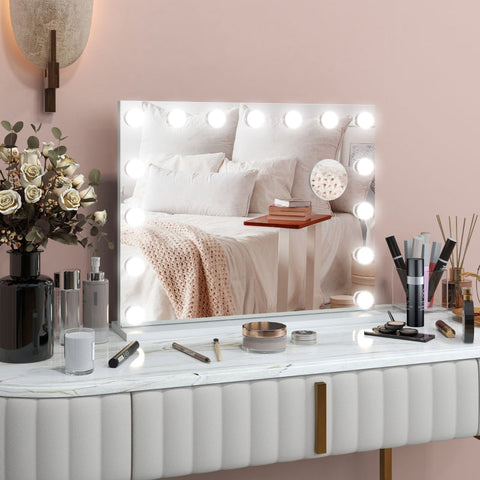 Rootz LED Makeup Mirror - Cosmetic Vanity Mirror - Lighted Mirror - 15 Dimmable Bulbs - USB Port - 58cm x 48cm x 14cm