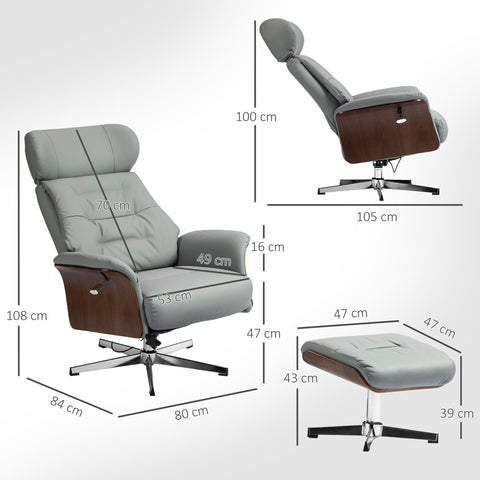 Rootz Relaxation Chair with Stool - Reclining Chair - Swivel TV Chair - 135° Tilt Function - 80W x 84D x 108H cm - Grey