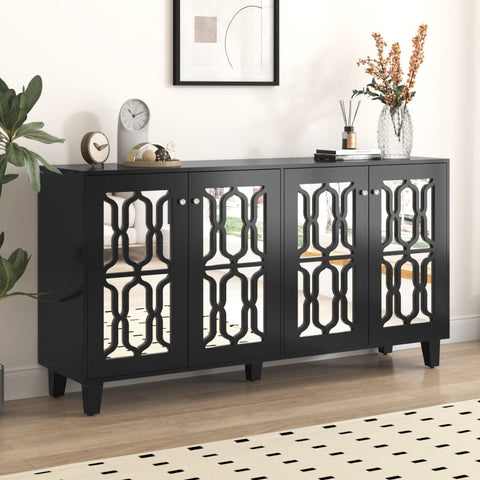 Rootz Black Mirrored Sideboard - Luxury Buffet - Storage Cabinet - Durable MDF - 160L x 40W x 84H cm
