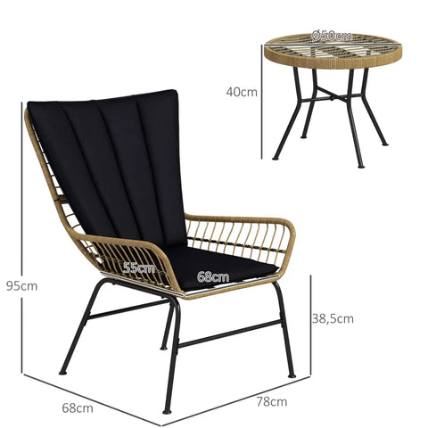 Rootz Garden Furniture Sets - Bistro Set - Boho Style - Balcony Furniture - Weather Resistant - Coffee Table - Seat Cushions - Steel Tube-pe Rattan - Natural Wood-black - 78 x 68 x 95 cm
