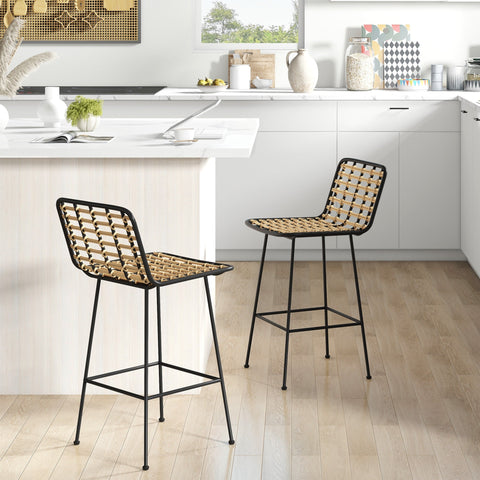 Rootz Lot de 2 Tabourets - Bar Stools - Bohemian Design - Comfort Seating - 43W x 51D x 88H cm - PE Rattan & Steel