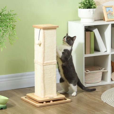 Rootz 3-in-1 Scratching Post - Cat Play Rail - Interactive Play Ball - Sisal-covered Post - MDF Base - 34L x 34W x 67H cm