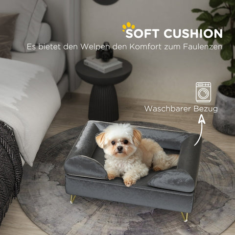 Rootz Pet Sofa Lounger - Dog Bed - Padded Cushion - Velvet Cover - Removable Washable - Wooden Frame - 76cm x 53.5cm x 34cm