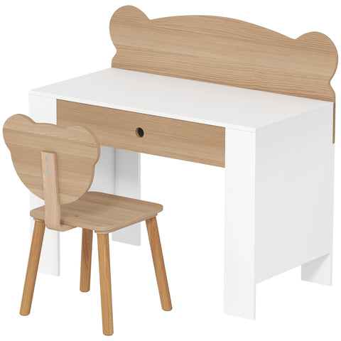 Rootz Children's Desk Set - Kids Study Table - Bear Design - Enhance Creativity - Brown & White - Desk: 80x74.5cm, Chair: 38x59cm