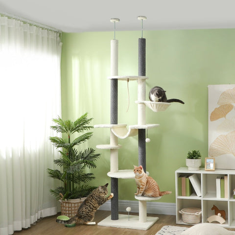Rootz Ceiling High Scratching Post - Cat Tree - Adjustable Cat Tower - Space-Saving Design - 60cm x 44cm x 225-255cm