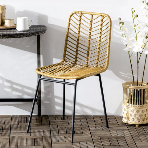 Rootz Set of 2 Boho Style Dining Chairs - Accent Chair - PE Rattan - Natural + Black - 44cm x 58cm x 85cm