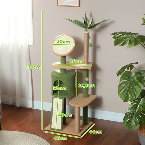 Rootz Cat Tree with Artificial Leaves - Scratching Post - Play Center - Plush & Jute Comfort - 48L x 44W x 139H cm