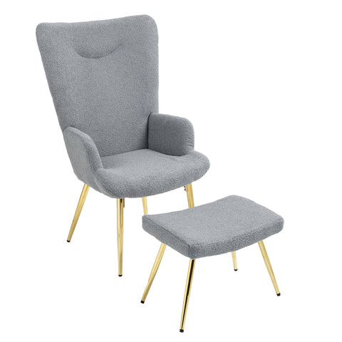 Rootz Lounge Relaxation Armchair Set - Foot Stools - Grey Bouclé Fabric - Great Comfort - 73x68x111cm Armchair, 52x38x40cm Stool