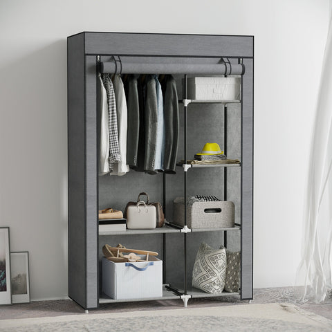 Rootz Fabric Cabinet - Storage Solution - Organizer - Dust Protection - 103x43x162.5cm - 6 Shelves & Clothes Rail - Grey