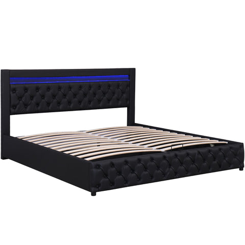 Rootz Upholstered Bed Frame - Storage Bed - LED Bed - Ample Storage Space - 207cm x 142cm x 100cm - Black