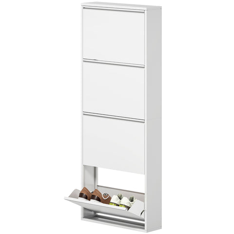 Rootz Narrow Metal Shoe Cabinet - Slim Shoe Rack - Entryway Organizer - Space-Saving, Stores 8 Pairs, White, 55x15x139.5cm