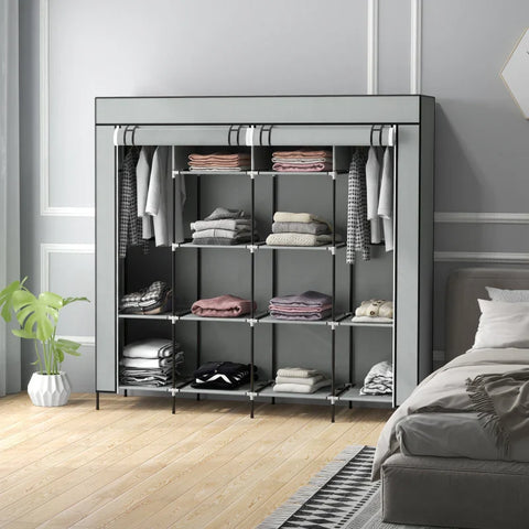 Rootz Wardrobe - Fabric Cabinet - Doors - 2 Clothes Rails - 10 Compartments - Vilesstoff - Steel - Gray - 166L x 42.5W x 169.5H cm