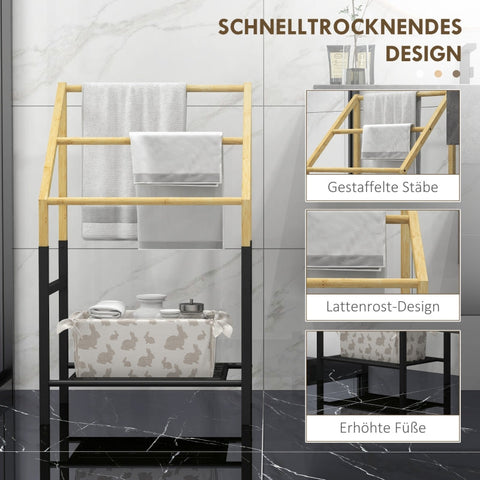 Rootz Bamboo Towel Holder - Freestanding Towel Stand - 3-Bar Design - Storage Shelf - Natural Wood - 51cm x 31cm x 85.5cm