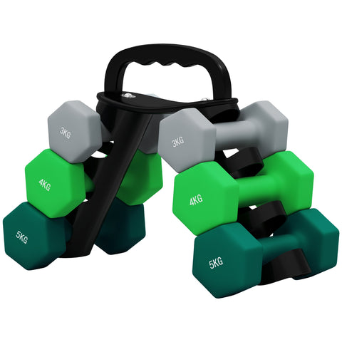 Rootz Dumbbell Set with Rack - Weights - Fitness Equipment - Hexagonal Design - Space-Saving - 3kg to 5kg - Dumbbell 18x8x8cm, Rack 42x10x30cm