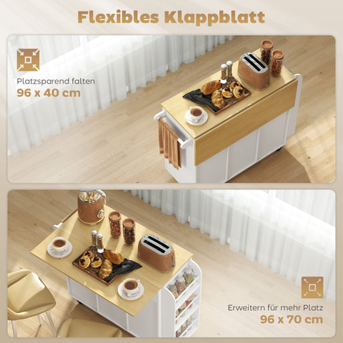 Rootz Rolling Kitchen Island - Mobile Cart - Fold-Out Work Surface - Storage Cabinet - Soft Close Doors - Spacious & Organized - White, 115x70x89 cm