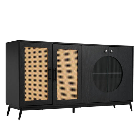 Rootz Sideboard with Rattan Glass Doors - Storage Cabinet - Buffet Table - Large Storage Space - 160L x 40W x 80H cm