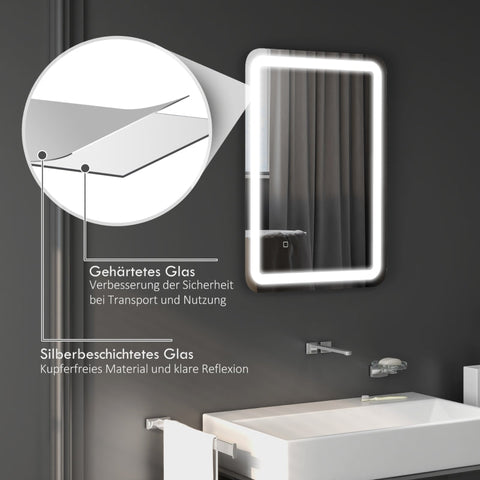 Rootz Bathroom Mirror - LED Vanity Mirror - Touch Switch - Adjustable Lighting - Anti-Fog - Memory Function - Wall Mounted - 50cm x 4cm x 70cm
