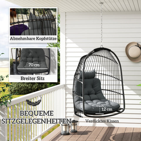 Rootz Hanging Chair Hanging Basket - Swing Chair - Egg Chair - Ergonomic Comfort - 74L x 68W x 105H cm - Grey and Black
