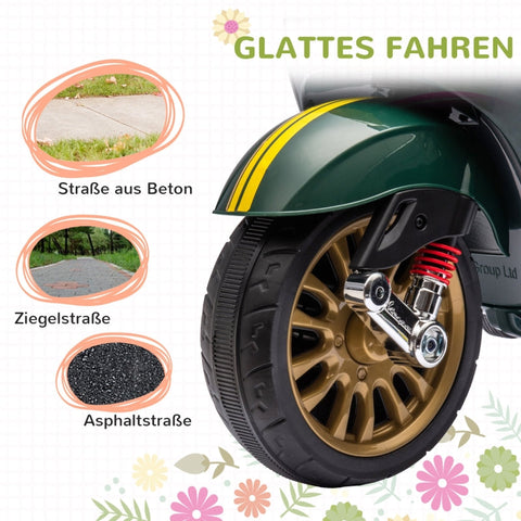 Rootz 6V Vespa Electric Motorcycle for Kids - Ride-On Motorbike - Training Wheels - Headlights & Music - Stable & Safe - 107cm x 47cm x 73cm