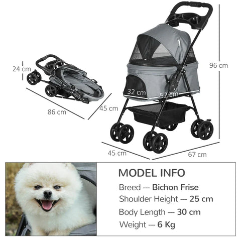 Rootz Hondenwagen - Kinderwagen - Opvouwbare Kat Hondenkinderwagen - Reiswagen voor huisdieren met 4 wielen - Verstelbare luifel - Veiligheidslijnen - Opbergmand - Grijs - 67 x 45 x 96 cm