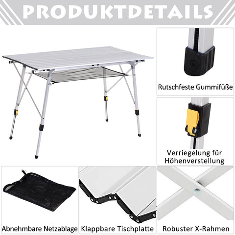 Rootz Picnic Folding Table - Height-Adjustable Camping Table - Portable Table - Aluminum - 120 x 70 x 58-73 cm - Includes Carrying Bag