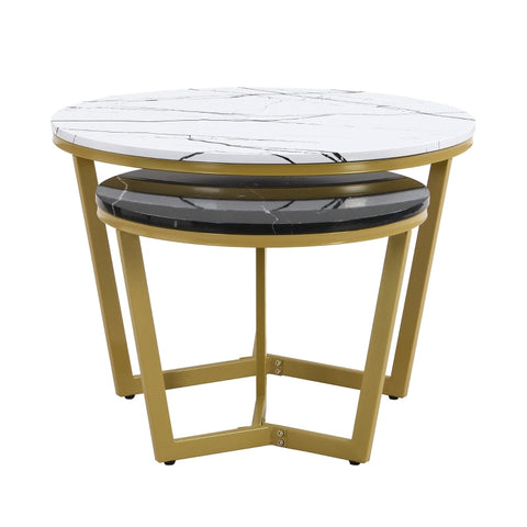 Rootz Luxurious Coffee Table Set - Marble Look - Elegant Nesting Tables - Adds Style - 70x70x45cm & 50x50x40cm - Gold Frame - L-shaped Design