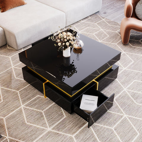 Rootz High Gloss Coffee Table - Living Room Table - Gold-Plated Accents - Ample Storage - 70cm x 70cm x 35.5cm