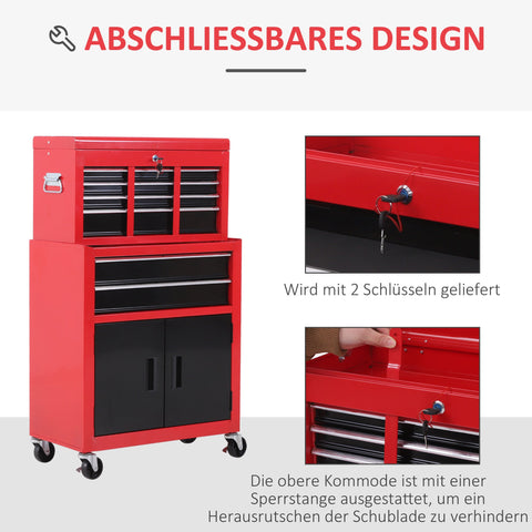 Rootz Tool Cabinet & Box - Rollable Drawer Organizer - Red Metal Storage - Lockable & Anti-Slip - 61.6cm x 33cm x 108cm