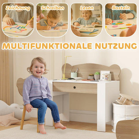 Rootz Children's Desk Set - Kids Study Table - Bear Design - Enhance Creativity - Brown & White - Desk: 80x74.5cm, Chair: 38x59cm
