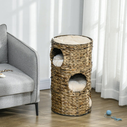 Rootz Cat Scratching Barrel - Cat Tower - Feline Hideout - Viewing Platform - Water Hyacinth - 40cm x 73cm - Dark Brown