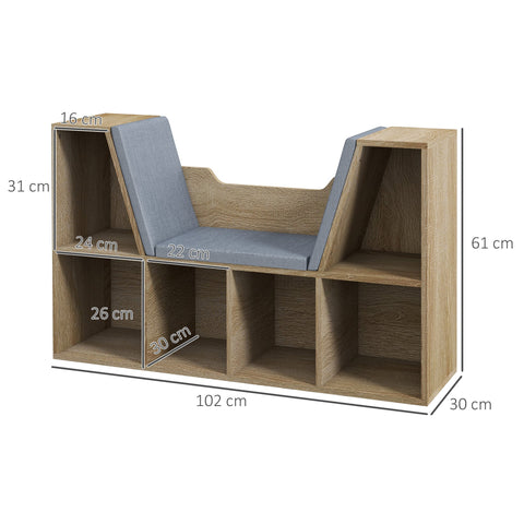 Rootz Bookshelf Bench - 2-in-1 Furniture - Modern Bookcase - 6 Compartments - Includes Cushions - 102L x 30W x 61H cm - Brown Grey