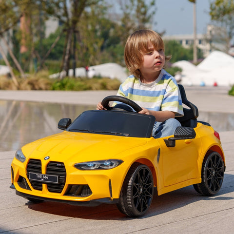 Rootz BMW M4 Electric Car for Kids - Ride On Toy - Battery Powered - 12V - 3-5km/h - Licensed - Remote Control - Working Lights - Music - Yellow - 108L x 69.5W x 51H cm