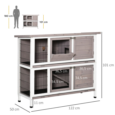 Rootz 2-Story Rabbit Cage - Pet Hutch - Animal Shelter - Solid Wood - Foldable Roof - 122 x 50 x 101 cm Grey White