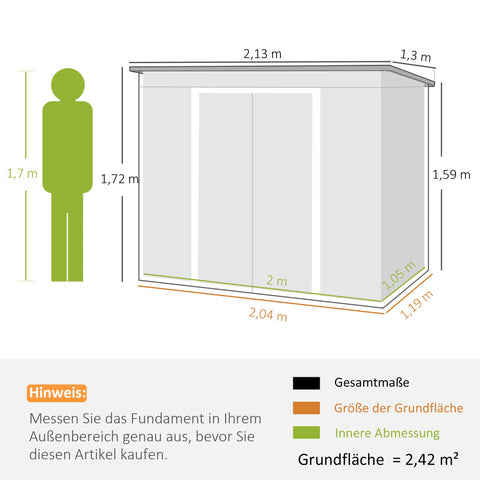 Rootz Tool Shed – Outdoor Storage, Garden Shelter – Galvanized Steel, Ventilated, Sliding Doors, Grey – 213x130x172cm Durable