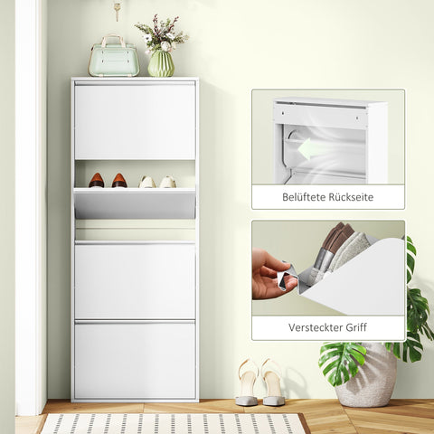 Rootz Narrow Metal Shoe Cabinet - Slim Shoe Rack - Entryway Organizer - Space-Saving, Stores 8 Pairs, White, 55x15x139.5cm