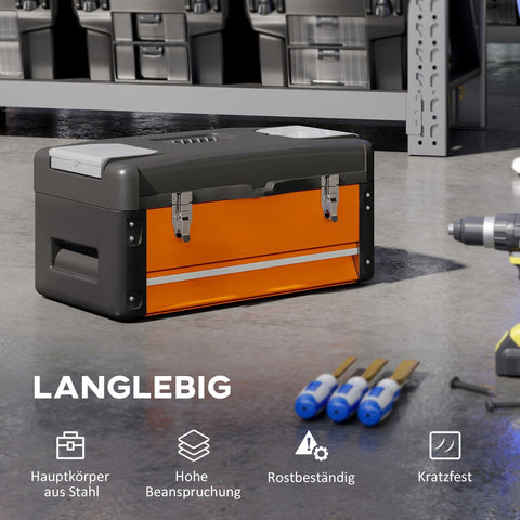 Rootz Tool Box Empty - Tool Chest - Storage Organizer - Scratch & Rust-Resistant - 49.7 x 25.3 x 23 cm - Orange Steel with Drawer