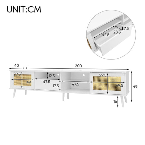 Rootz Rattan TV Stand - Entertainment Unit - Media Console - Robust Build - 200L x 40W x 49H cm