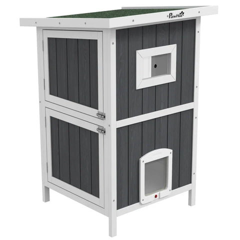 Rootz Kattenhuis - Kattengrot Buiten - Weerbestendig - Dubbeldekker Design - Springplatform - Sparrenhout-kunststof - Grijs-wit-groen - 60 x 60 x 90,5 cm