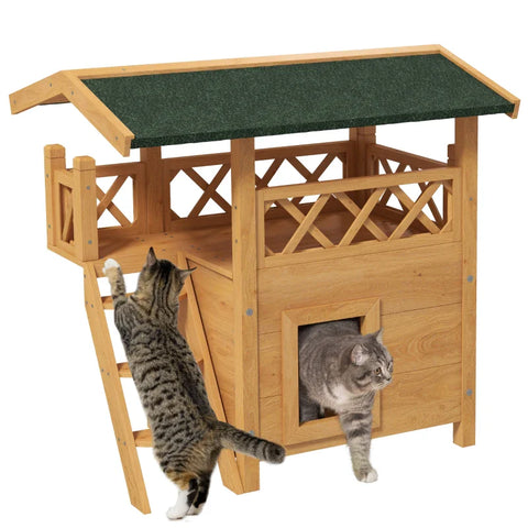 Rootz Cat House - Pet Kennel - Asphalt Roof - 2 Levels - 1 Ladder - Fir Wood - Natural + Green - L77 x W50 x H73 cm