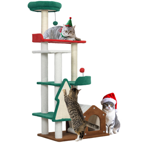 Rootz 135 cm Cat Scratching Post - Christmas Cat Tree - Play Tower - 6 Levels of Fun - 60L x 45W x 135H cm