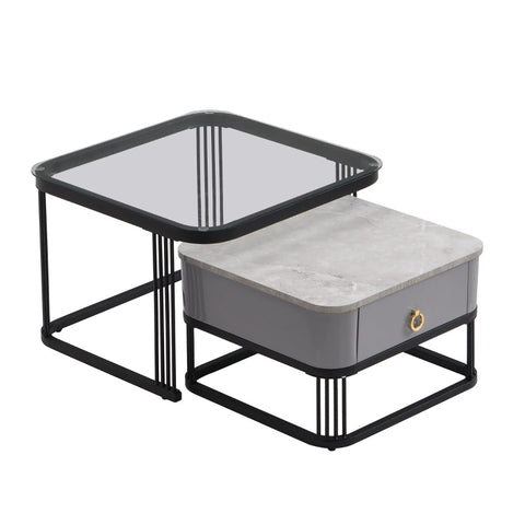 Rootz Modular Coffee Table Set - High-Gloss Marble - Glass Top - Luxurious Design - 60x60x42cm & 50x50x34cm - Practical Drawers