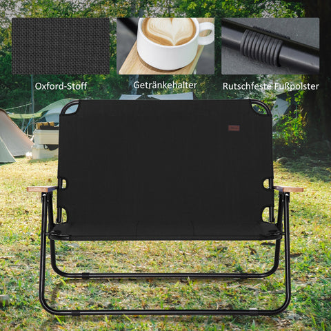 Rootz 2-Seater Foldable Camping Chair - Portable Deck Chair - Outdoor Camp Seat - Built-In Cup Holder - 141 x 67 x 80 cm - Black