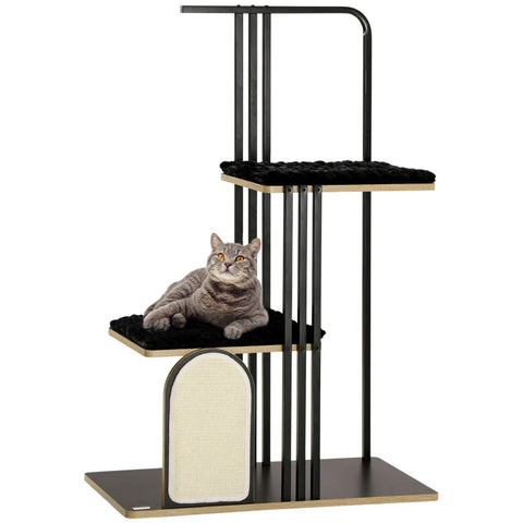 Rootz Scratching Post - Industrial Design - 2 Platforms - 2 Cushions - Scratching Wall - Steel Frame - Black - 85 x 48 x 128 cm