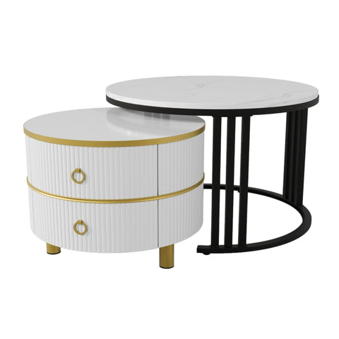 Rootz 2-in-1 Coffee Table Set - Marble Pattern - High Gloss Tables - Space Saving - 70x70x46cm & 50x50x40cm