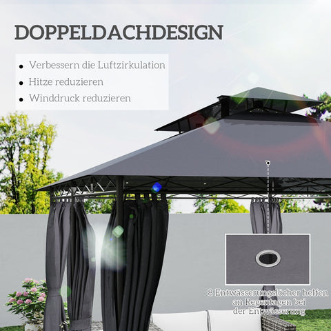 Rootz Garden Pavilion - Garden Tent - Terrace Tent - Solar LED Lights - 400cm x 300cm x 275cm