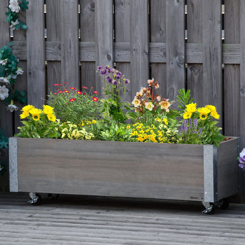Rootz Plant on Rolls - Rectangular Planter - Gardening Tray - Solid Wood Metal - Irrigation & Drainage - 96cm x 30.6cm x 30cm