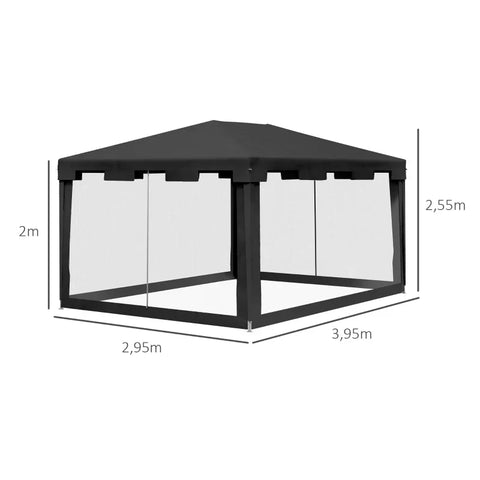 Rootz Gazebo - Garden Tent - 3 X 3 M Gazebo - Fastening Ropes - Weatherproof - Foldable - Metal-Polyethylene - Black - 395cm X 295cm X 255cm