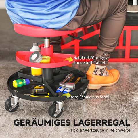 Rootz Workshop Stool - Garage Seat - Mechanic Chair - Height Adjustable - Resilient Up to 135kg - 40-51cm - Red