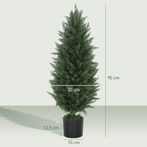 Rootz 2 Set Artificial Cypress Trees - Art Trees - Faux Plants - UV-Resistant - Cement Pot - 90cm Green - 831 Leaves, Ø33 x 90H cm