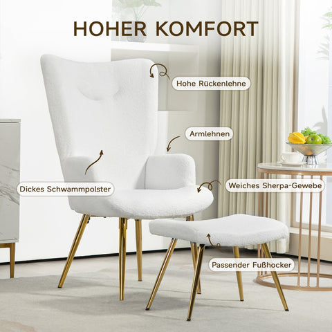 Rootz Wing Chair with Stool - Lounge Chair - Accent Chair - High Back Comfort - 73W x 68D x 111H cm, 52W x 38D x 40H cm, White Sherpa Cover, Gold Legs
